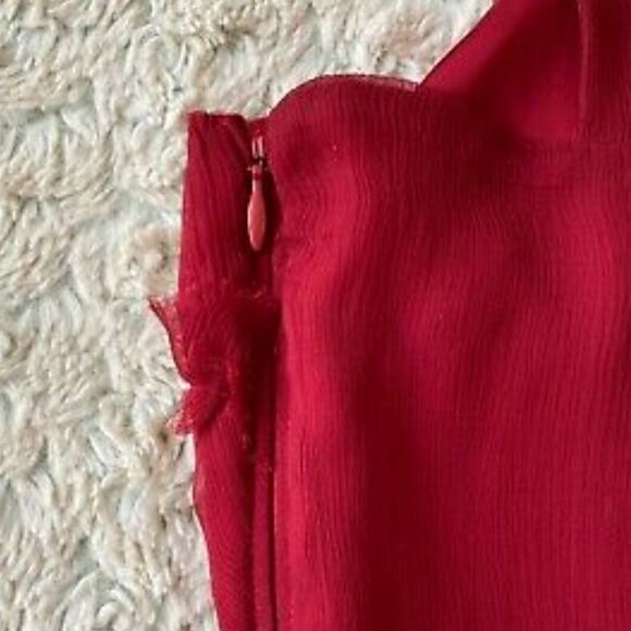 Anthropologie Burlapp Red Silk Cocktail Dress Ruched Roses Small Formal - Picture 6 of 11